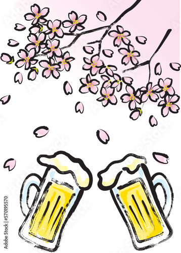 和風筆書き　桜の下でビールで乾杯