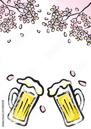 和風筆書き　桜の下でビールで乾杯