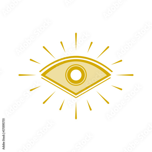 Golden yellow eye of providence (All seeing eye) with light ray magic boho icon flat vector design.