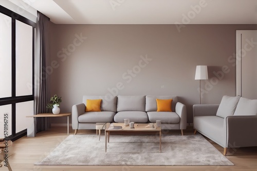 Elegant and comfortable designed living room with big corner sofa. Interior design modern apartment. Generative AI.