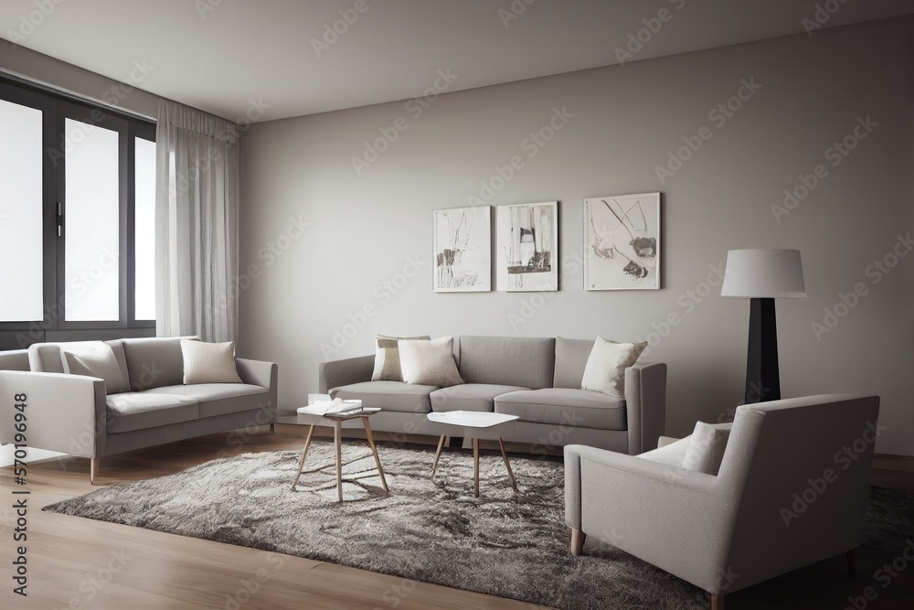Fototapeta premium Elegant and comfortable designed living room with big corner sofa. Interior design modern apartment. Generative AI.