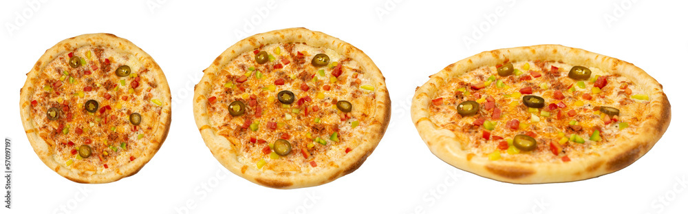 isolated spicy meat pizza for menu set of different views. italian cuisine, fresh pizza.