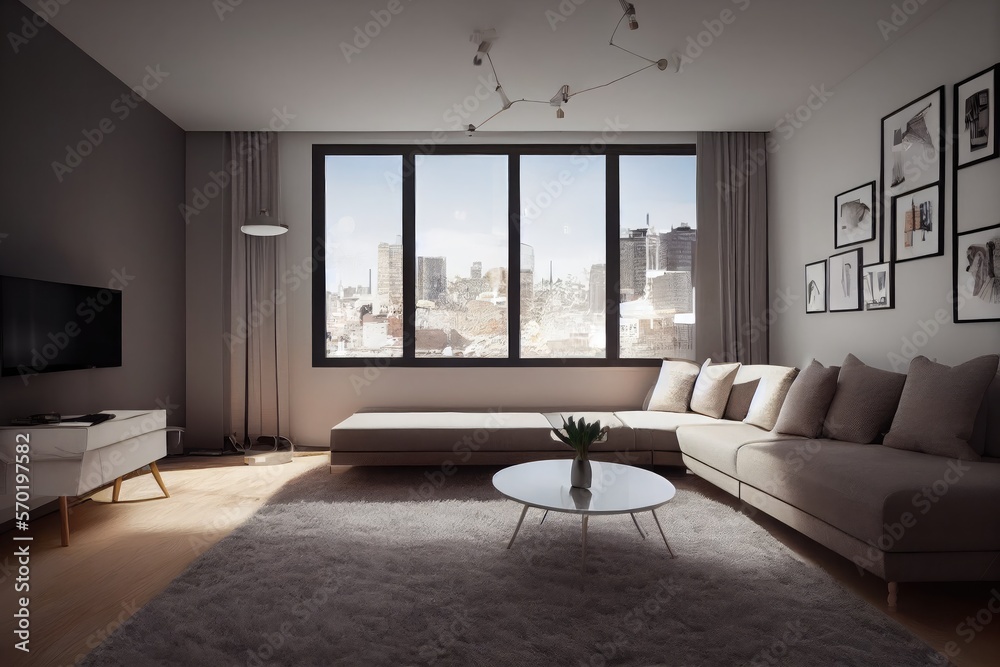 Fototapeta premium Elegant and comfortable designed living room with big corner sofa. Interior design modern apartment. Generative AI.