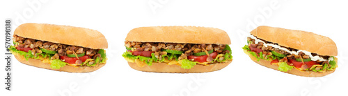 set of different views of isolated Baguette sandwich with beef, vegetables and chips. Sandwich with meat and light mayonnaise. 