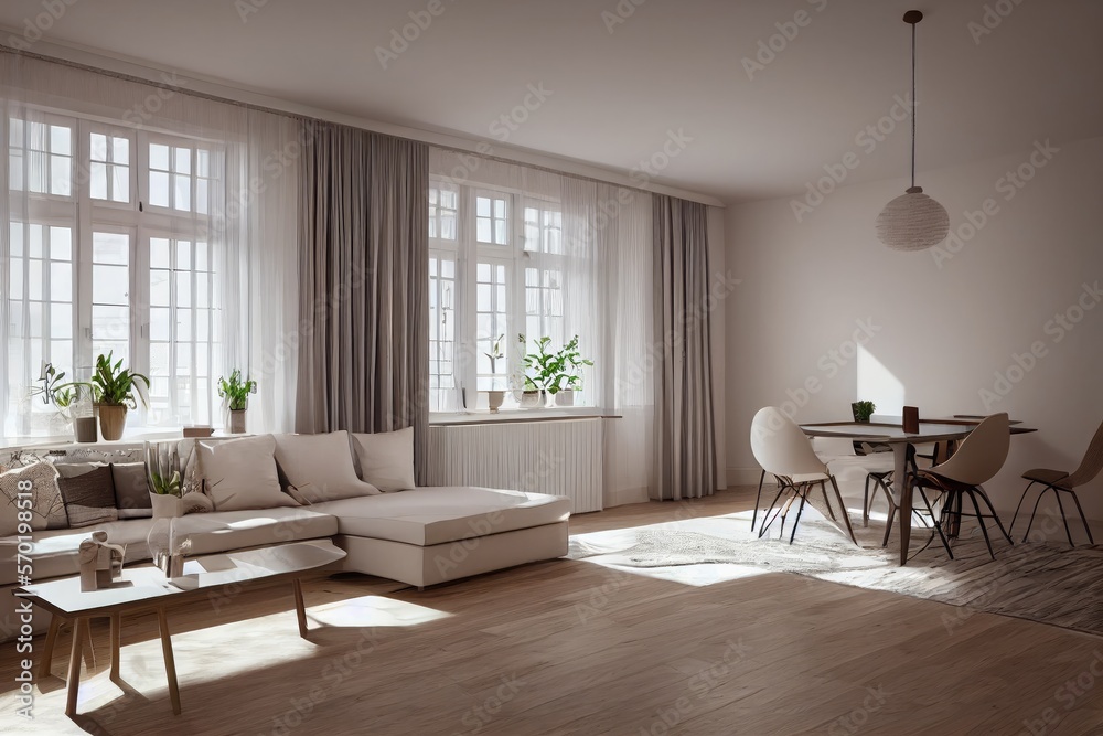 Fototapeta premium Stylish scandinavian composition of living room with design armchair, mock up poster frame, personal accessories in modern home decor. Generative AI.