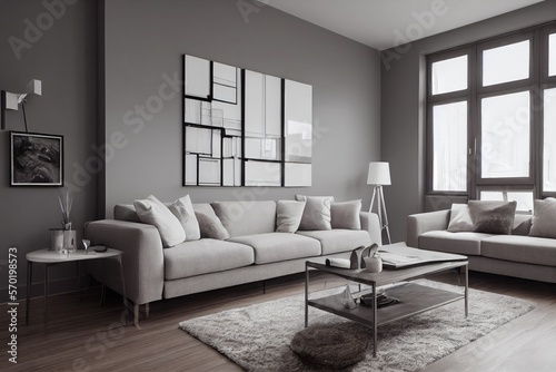 Elegant and comfortable designed living room with big corner sofa. Interior design modern apartment. Generative AI.