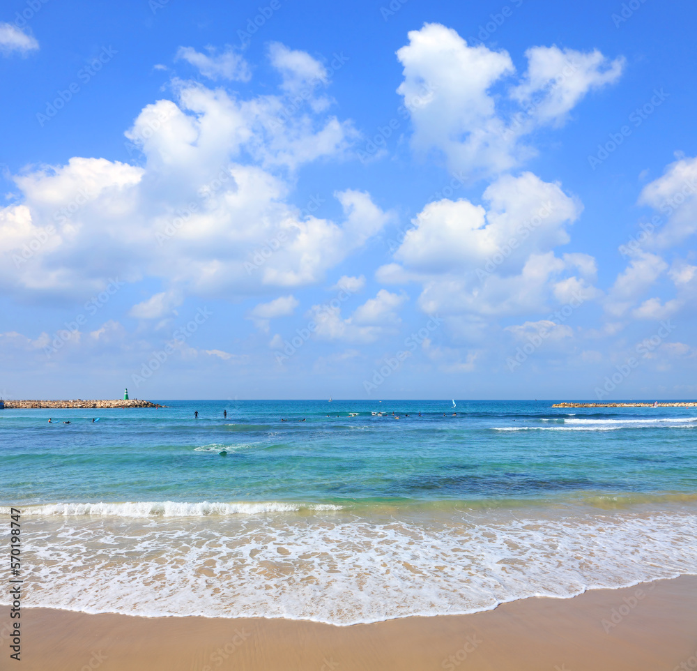 Gorgeous calm blue Mediterranean Sea and free sand beach. Beautiful sea surf and blue sky. Magical comfortable warm and clear season of Mediterranean Gorgeous calm blue Mediterranean Sea and free sand beach. Beautiful sea surf and blue sky. Magical comfortable warm and clear season of Mediterranean