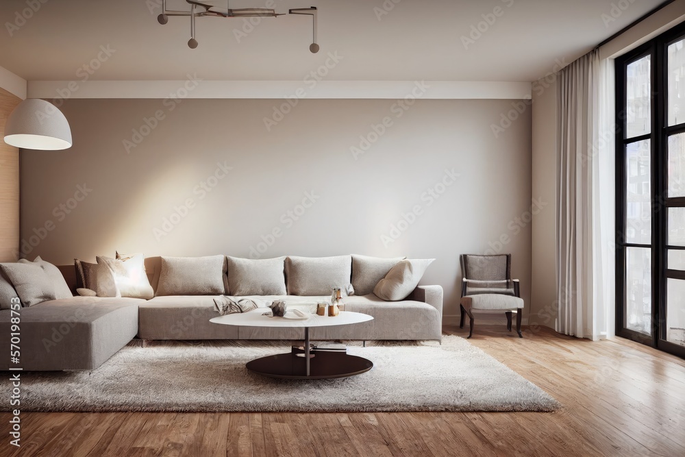 Elegant and comfortable designed living room with big corner sofa. Interior design modern apartment. Generative AI. Elegant and comfortable designed living room with big corner sofa. Interior design modern apartment. Generative AI.
