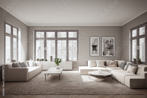 Stylish scandinavian composition of living room with design armchair  mock up poster frame  personal accessories in modern home decor. Generative AI.
