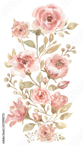 Blush pink antique rose clipart, beige and pale flowers bouquet, creamy garden flowers print, peony and beige leaves, wedding hand drawn watercolor arrangement.