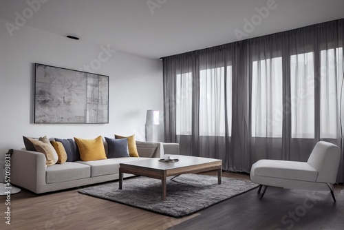 Elegant and comfortable designed living room with big corner sofa. Interior design modern apartment. Generative AI.