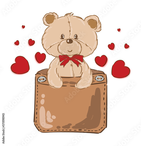 Cute funny teddy bear in pocket print for t-shirt. Vector cartoon doodle line character logo illustration design. Isolated on white background. Teddy bear in t-shirt, apparel, baby kids clothing