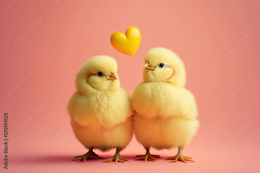 Cute chicken couple holding valentine heart shape balloon on pastel background. Photograph of Valentine's day card with adorable chickens. Generative AI