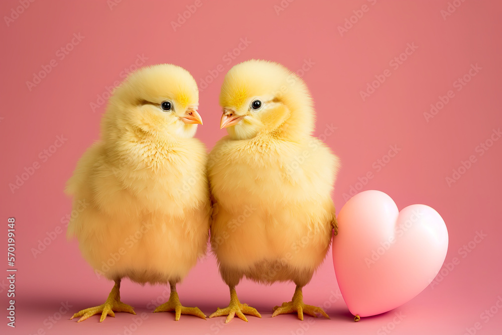 Fototapeta premium Cute chicken couple holding valentine heart shape balloon on pastel background. Photograph of Valentine's day card with adorable chickens. Generative AI