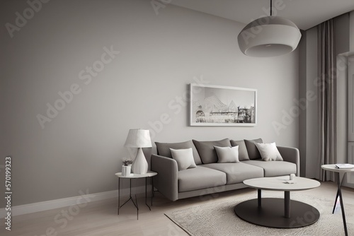 Elegant and comfortable designed living room with big corner sofa. Interior design modern apartment. Generative AI.