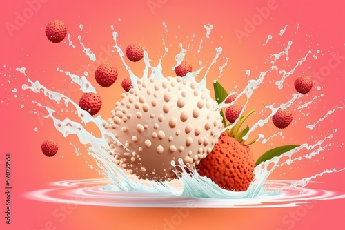 Fresh lychee or litchi on pink background with water splashing in it. Generative AI