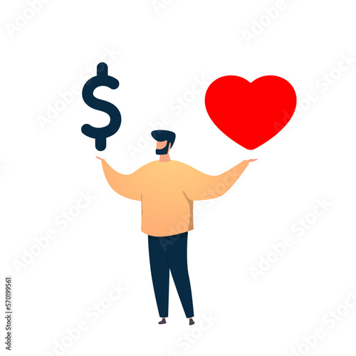 Man have to choice love or money, conceptual illustration