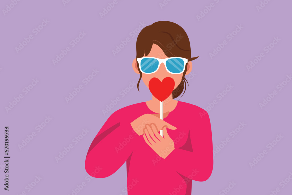 Cartoon flat style drawing portrait young woman wearing sunglasses with heart shaped lollipop blowing red lips sending sweet air kiss. Happy female model on studio. Graphic design vector illustration