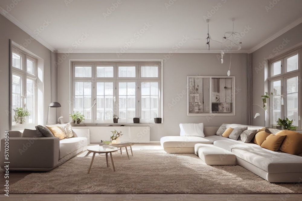 Stylish scandinavian composition of living room with design armchair, mock up poster frame, personal accessories in modern home decor. Generative AI. Stylish scandinavian composition of living room with design armchair, mock up poster frame, personal accessories in modern home decor. Generative AI.