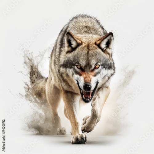 wolf attacking,running, jumping,action pose,tattoo, White background Generative AI