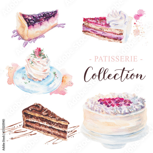 Big set: patisserie and desserts, tea and coffee time. Watercolor hand drawn collection with realistic drawings and ink sketches. Coffeeshop bakeshop design elements isolated transparent background.