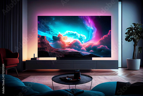 Elegant living room with big tv screen. Generative ai. photo