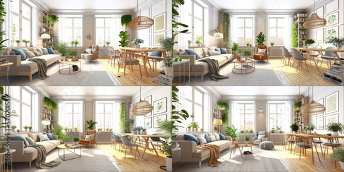 Stylish scandinavian composition of living room with design armchair, mock up poster frame, personal accessories in modern home decor. Generative AI. © Interior Stock Photo