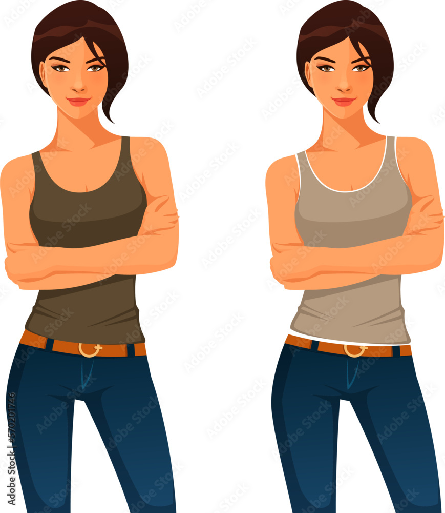 illustration of a confident young woman with short hair, standing with her arms crossed, wearing tank top and jeans illustration of a confident young woman with short hair, standing with her arms crossed, wearing tank top and jeans