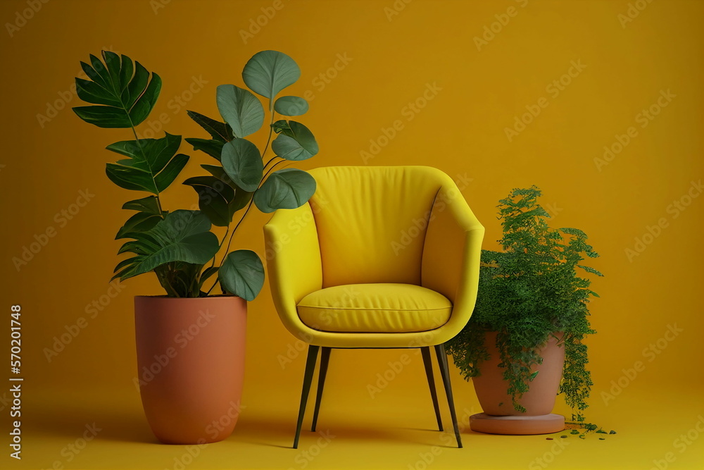 Photo Armchair and Green Plant In A Pot Isolated Made with Generative AI
