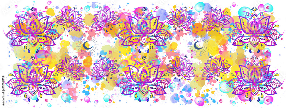 Flower arrangement of flowers watercolour bubbles, lotus ,motifs yoga, tattoo and oriental styles. Pastel shades, romantic pattern for wedding, holiday, birthday.