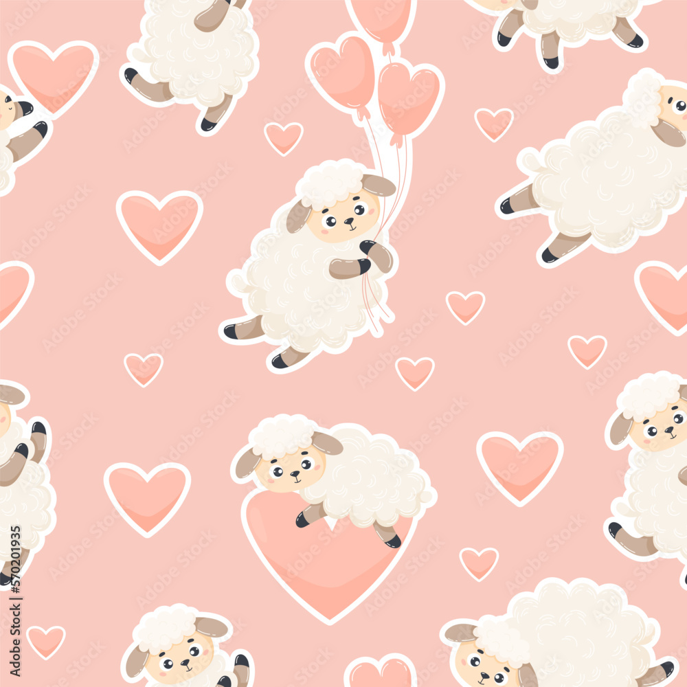 Seamless pattern with cute lambs on soft pink background with hearts. Vector illustration. Endless background for valentines, wallpapers, packaging, print, childrens collection