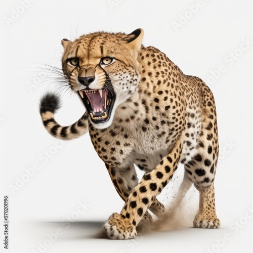 cheetah attacking,runng, jumping,action pose,tattoo, White background Generative AI photo