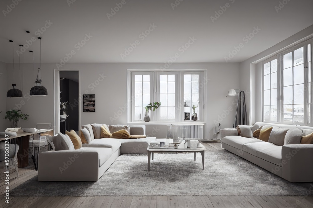 Fototapeta premium Stylish scandinavian composition of living room with design armchair, mock up poster frame, personal accessories in modern home decor. Generative AI.