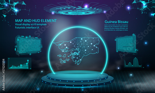 guinea Bissau map light connecting effect background. abstract digital technology UI, GUI, futuristic HUD Virtual Interface with guinea  map. Stage futuristic podium in fog.