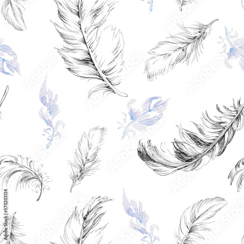 PNG Seamless pattern with feathers on transparent background. Watercolor and ink illustration in pastel violet and black.