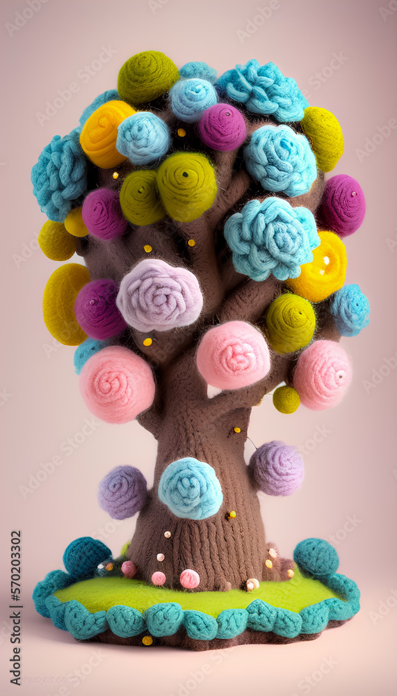 fantasy land illustration with big tree. there are blooming flowers, fruits, clouds and isolated on a pink background. cute artwork made of woolen yarn. Generative AI.