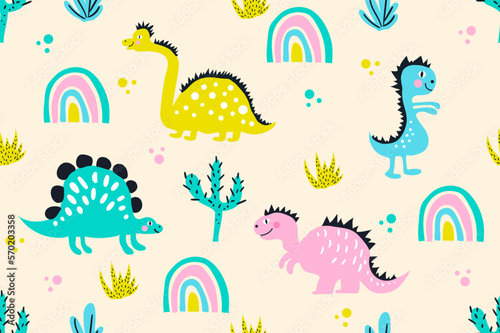 Childish seamless pattern with hand drawn dinosaur in doodle style. Creative vector childish dino background for fabric, textile