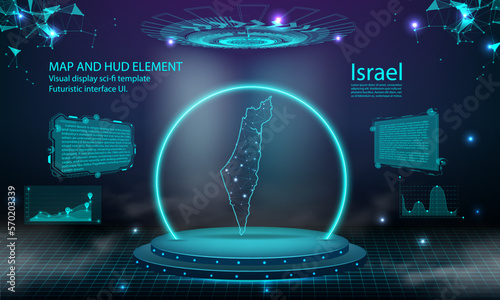 israel map light connecting effect background. abstract digital technology UI, GUI, futuristic HUD Virtual Interface with israel map. Stage futuristic podium in fog.