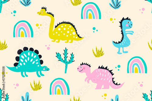 Childish seamless pattern with hand drawn dinosaur in doodle style. Creative vector childish dino background for fabric  textile