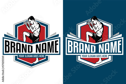 Boxing Muay Thai fighter emblem badge illustration logo design