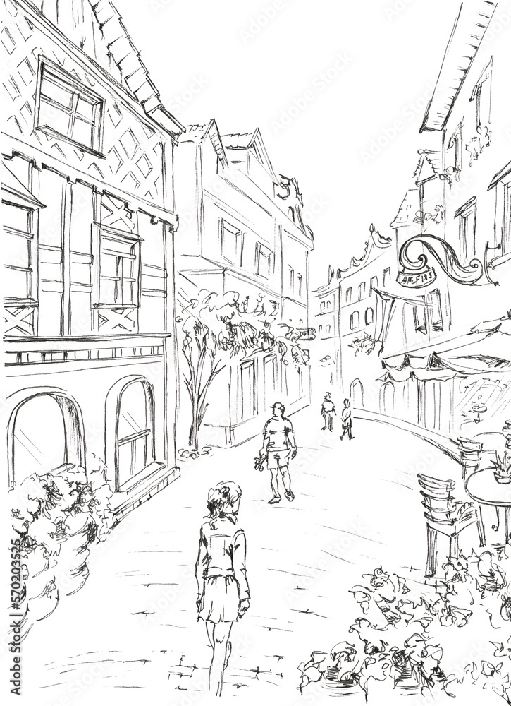 Sketching line art. Old town street at evening time with passers-by. Hand drawn ink sketch illustration. Pedestrian zone with night lights in yellow and violet hues.
