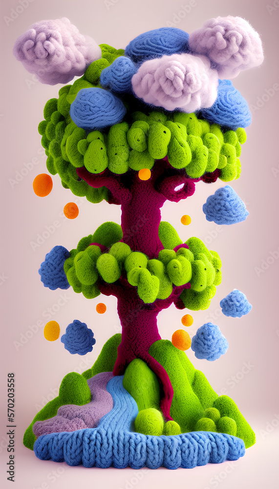 fantasy land illustration with big tree. there are blooming flowers, fruits, clouds and isolated on a pink background. cute artwork made of woolen yarn. Generative AI.
