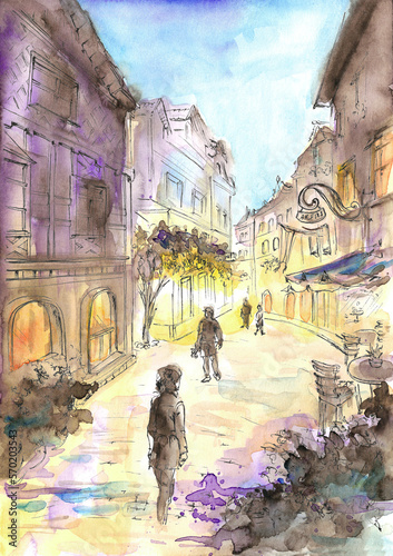 Old town street at evening time with passers-by. Hand drawn watercolor and ink illustration. Pedestrian zone with night lights in yellow and violet hues. Trendy sketching technique. 