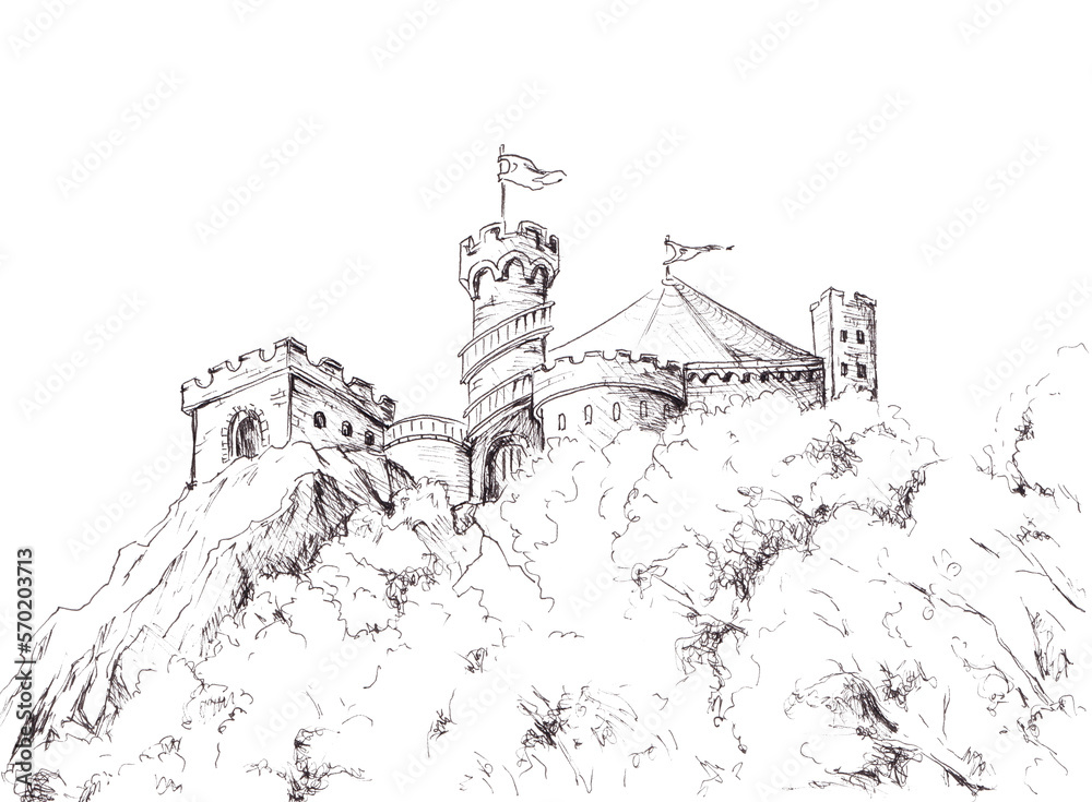 Obraz premium A fairytale castle in mountains. Sketching line art drawing. Hand drawn ink sketch illustration in black and white.