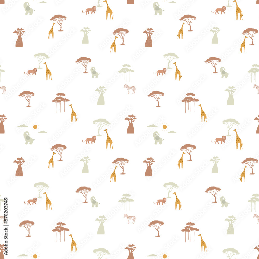 Elephant, giraffe, zebra, lion and acacia trees seamless kids pattern. Creative kids texture for fabric, wrapping, textile, wallpaper, apparel. Repeatable vector illustration. Elephant, giraffe, zebra, lion and acacia trees seamless kids pattern. Creative kids texture for fabric, wrapping, textile, wallpaper, apparel. Repeatable vector illustration.