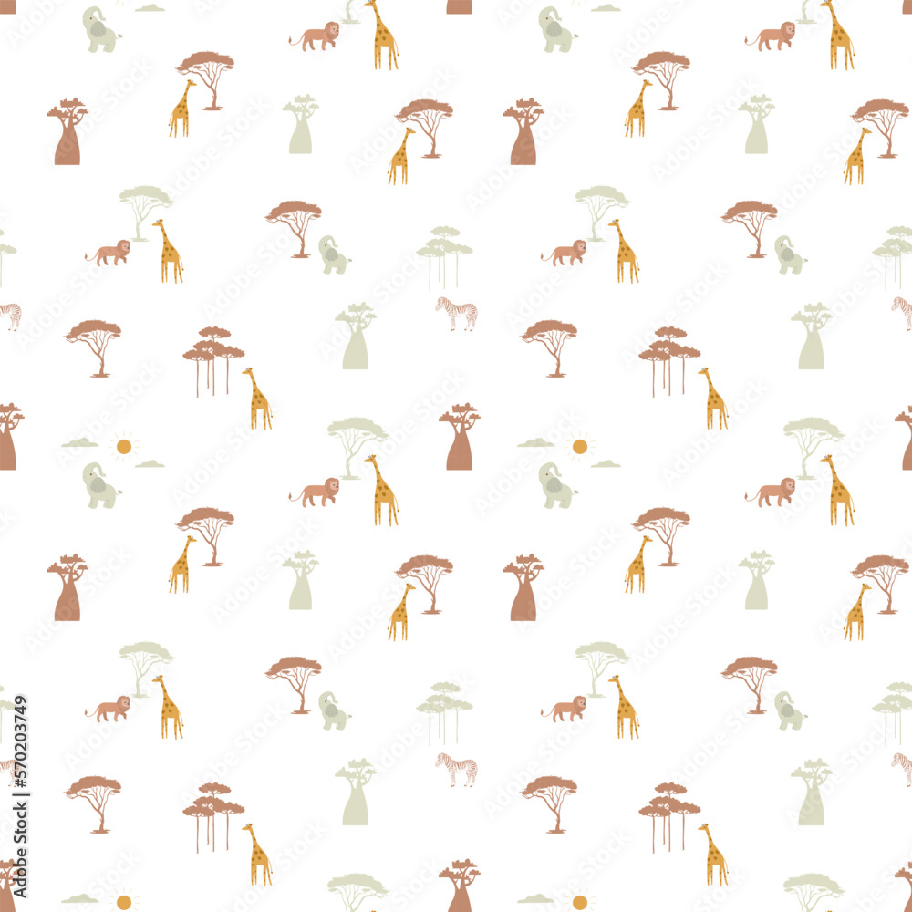 Elephant, giraffe, zebra, lion and acacia trees seamless kids pattern. Creative kids texture for fabric, wrapping, textile, wallpaper, apparel. Repeatable vector illustration.