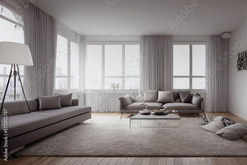 Elegant and comfortable designed living room with big corner sofa. Interior design modern apartment. Generative AI. © Interior Stock Photo