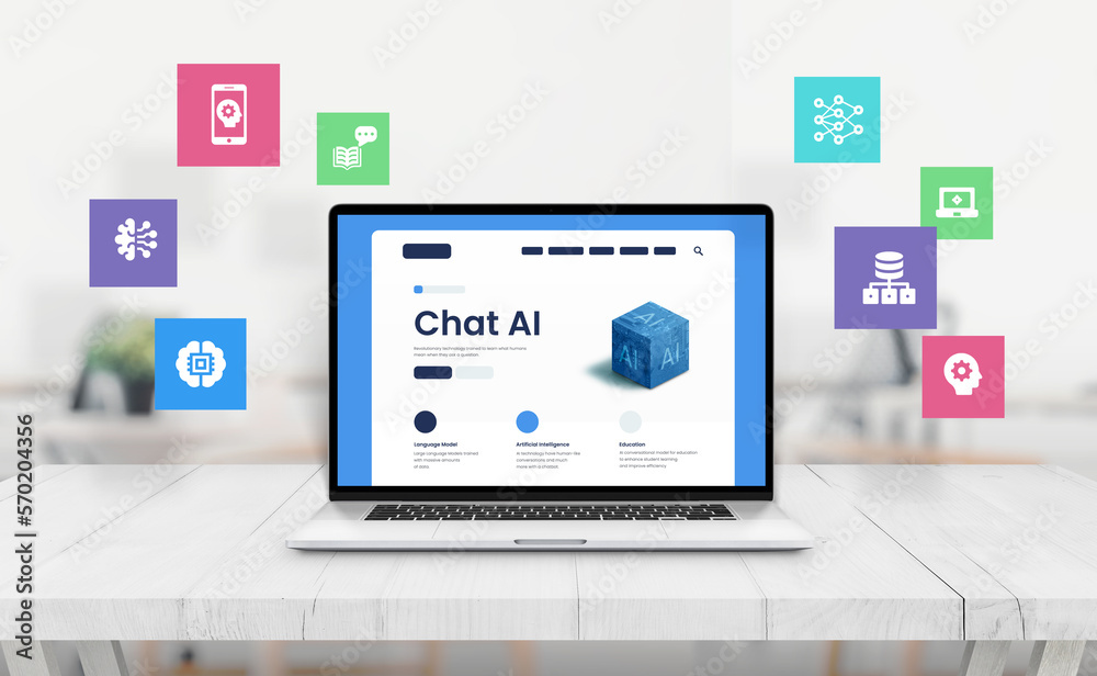 Chat AI tehnology concept interface with electronic AI cube on laptop display. Office desk, front view with flying artificial inteligence icons Chat AI tehnology concept interface with electronic AI cube on laptop display. Office desk, front view with flying artificial inteligence icons