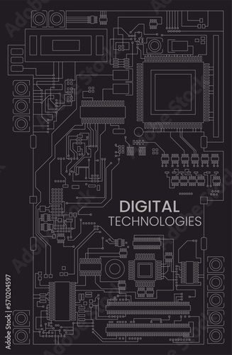 Printed circuit board. Vector illustration of circuit board with electronic components. Sketch for creativity