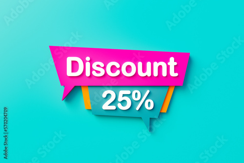 25% discount. Retail marketing, discount sign to promote commercial activities. Consumerisim, twenty-five percent, buying and shopping. 3D illustration